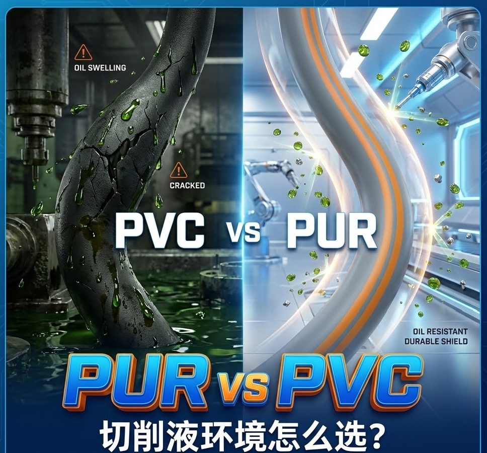 PUR vs PVC：机床切削液环境下，你的拖链电缆选对护套了吗？